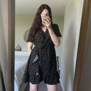 Mini Red and Blue Floral Black Dress